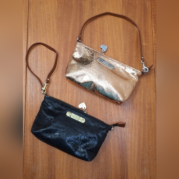 2 Betsey Johnson clutches leopard rose satin crinkled metallic wristlet mini bag - Picture 1 of 8